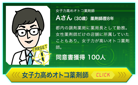 女子力高めオトコ薬剤師 Aさん（30歳）薬剤師歴8年 都内の調剤薬局に薬局長として勤務。女性薬剤師だけの店舗に所属していたこともあり、女子力が高いオトコ薬剤師。同意書獲得 100人