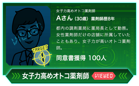 女子力高めオトコ薬剤師 Aさん（30歳）薬剤師歴8年 都内の調剤薬局に薬局長として勤務。女性薬剤師だけの店舗に所属していたこともあり、女子力が高いオトコ薬剤師。同意書獲得 100人